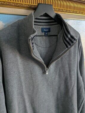 Faconnable Men's Gray Quarter-Zip Sweater with Striped Collar Trim
